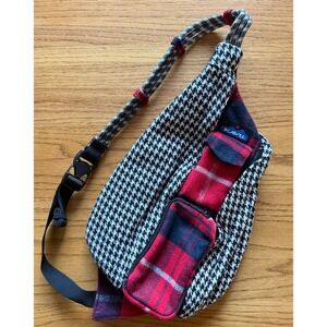KAVU Rope Bag Sling Backpack Mixed Plaid Houndstooth Fleece Red Black White
